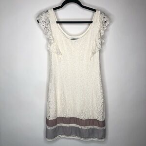 AMERICAN EAGLE Cream Lace Dusty Rose Grey Accented Flutter Sleeve Flirty Dress
